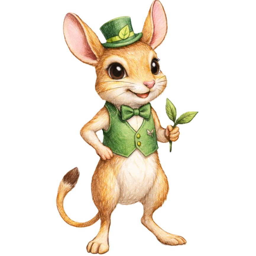 Тушканчик Тоша в зеленой жилетке и шляпе с листочком